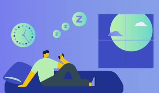 Illustration of man reclining on bed looking at his phone.