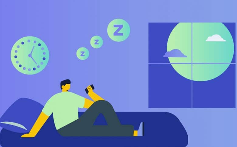 Illustration of man reclining on bed looking at his phone.