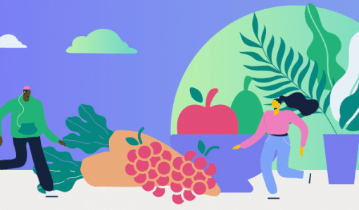 Illustration of people running by fruit bowl