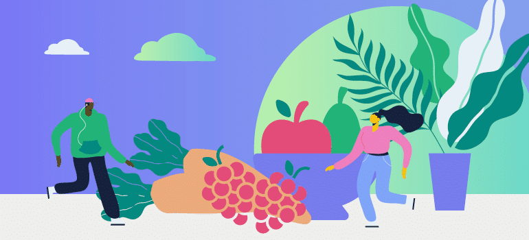 Illustration of people running by fruit bowl