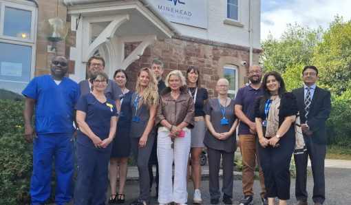 Minehead Medical Centre Team, ICB Team and Rachel Gilmour MP gather outside Minehead Medical Centre.